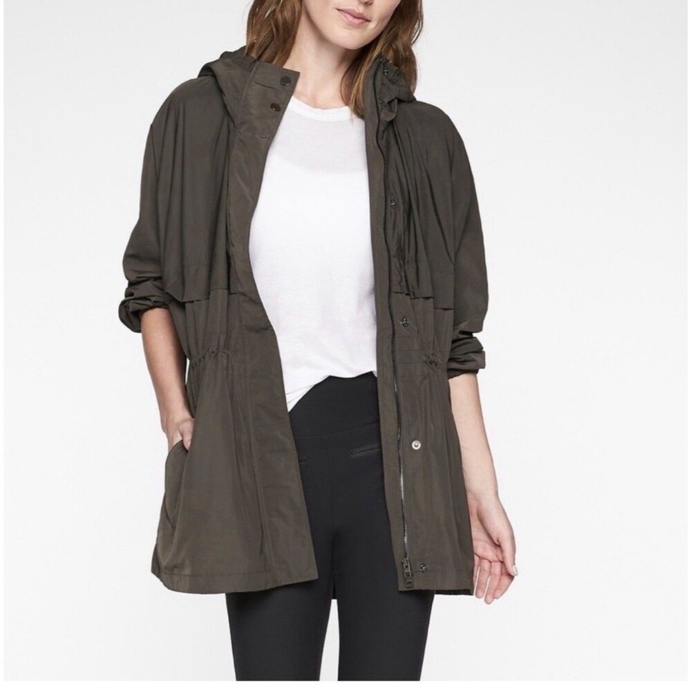 Athleta Rainfall Swing Parka Jacket Sz L/XL Brown Hooded Full Zip $168